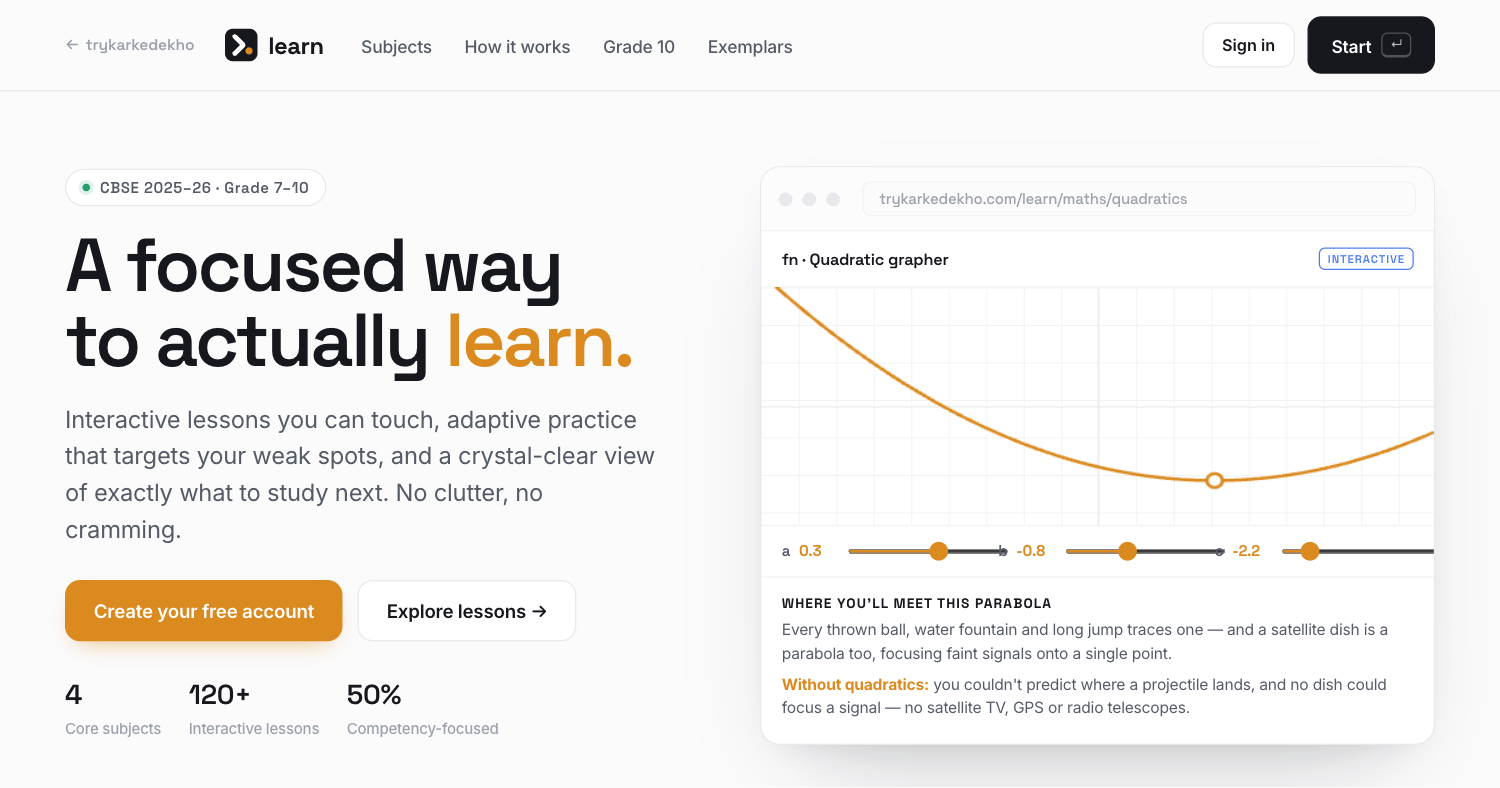 The try karke dekho learn hero — an interactive quadratic grapher you can drag